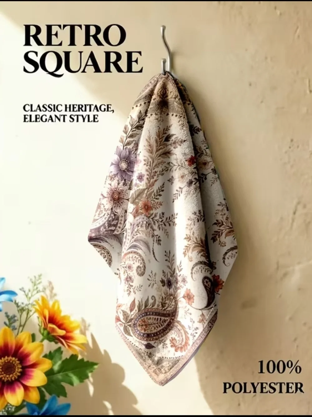 Floral Paisley Silk-Feel Scarf in Cream and Lavender 19”